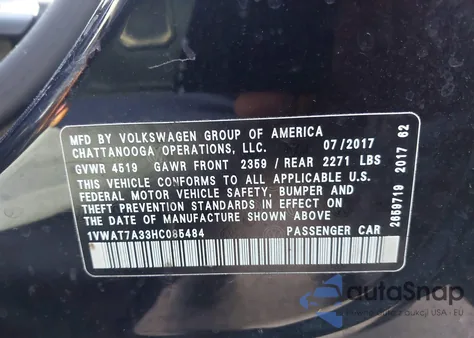 2017 Volkswagen Passat 1.8T S из США, поврежденный, VIN 1VWAT7A33HC085484